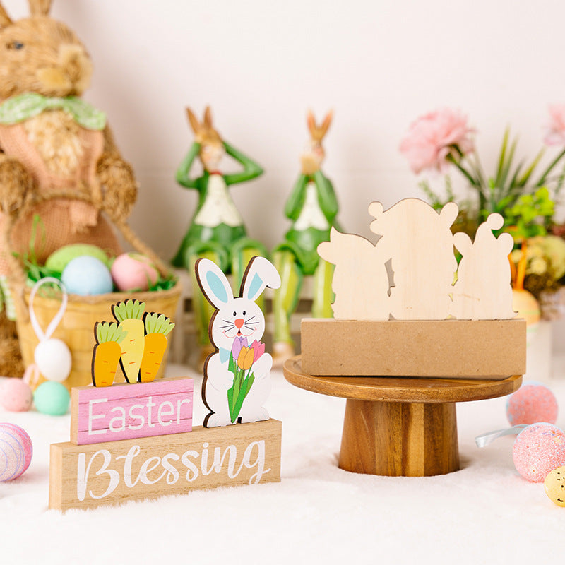 Easter Supplies Easter Rabbit Holding Flower Wooden Decoration